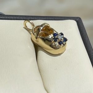 Sapphire and diamond Baby shoe pendant in 14k